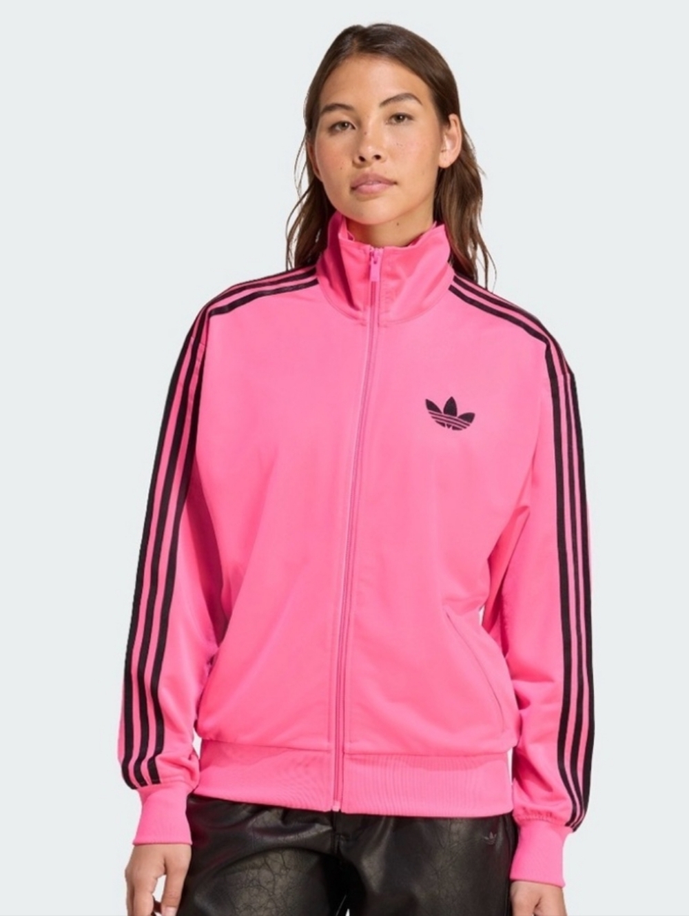 Adidas Pink Track Jacket with Black Stripes  Adicolor Lucid Pink Loose Firebird